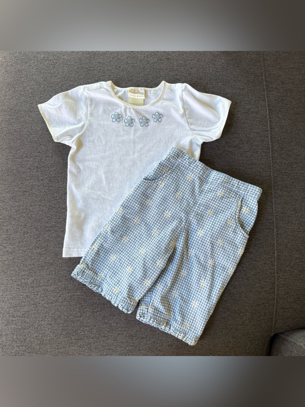 Y2K Laura & Ashley Set Gingham Pants Floral Top Daisy Embroidered Girls 4-5